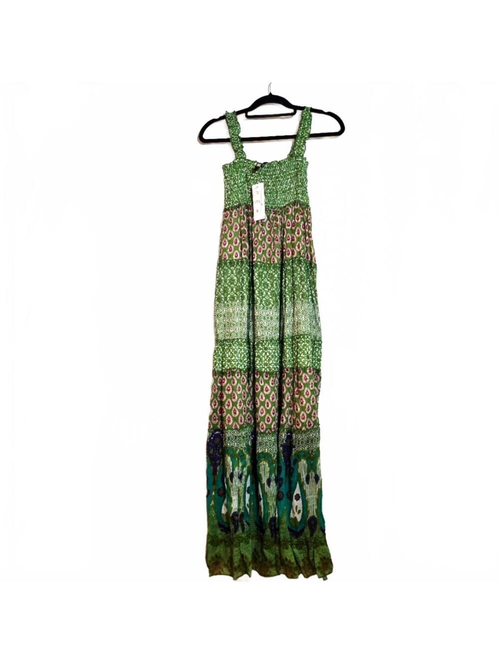 New Jasmine Green Purple Boho Maxi Dress Adjustable Button Straps Smocked M Or L